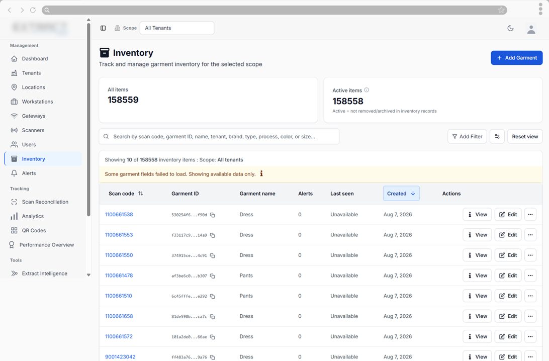 Extract inventory view